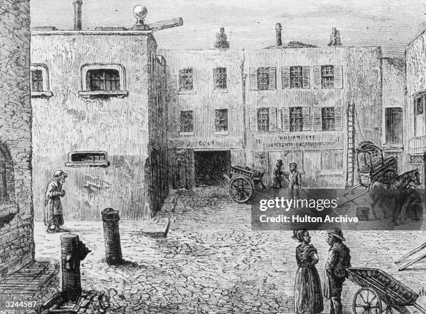 Bleeding Heart Yard in London's Holborn, named for the murder of a society lady by her rejected lover. Original Artwork: Engraving by A H W after...