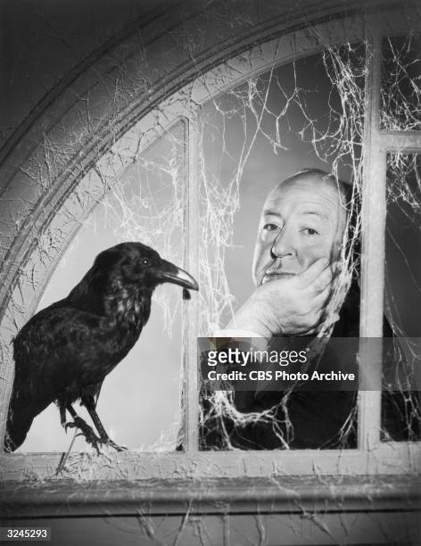 British director Alfred Hitchcock leans in front of a window covered with cobwebs, next to a crow in a promotional portrait for the television show,...