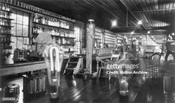 View of the upstairs of Thomas Edison's Menlo Park lab after its relocation to the Henry Ford Museum in Greenfield Village, with gas and electric...