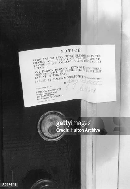 The police warning notice posted on American actor Marilyn Monroe's front door after her death, Los Angeles, California.