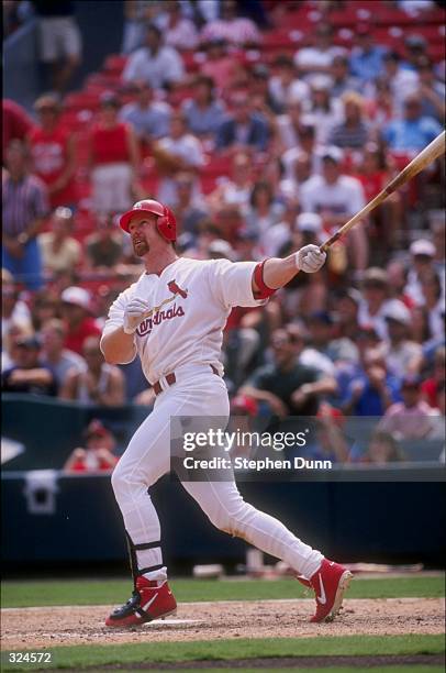 Infielder Mark McGwire of the St. Louis Cardinals in action during a game against the Houston Astros at Busch Stadium in St. Louis, Missouri. The...