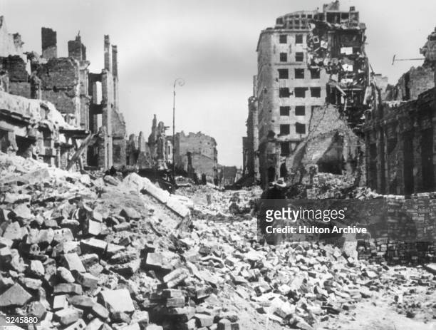 View of rubble and ruined buildings covering the streets after the German bombing of Warsaw, Poland.