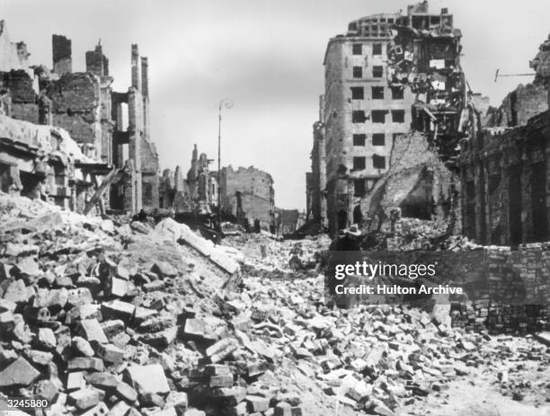 View of rubble and ruined buildings covering the streets after the German bombing of Warsaw, Poland.