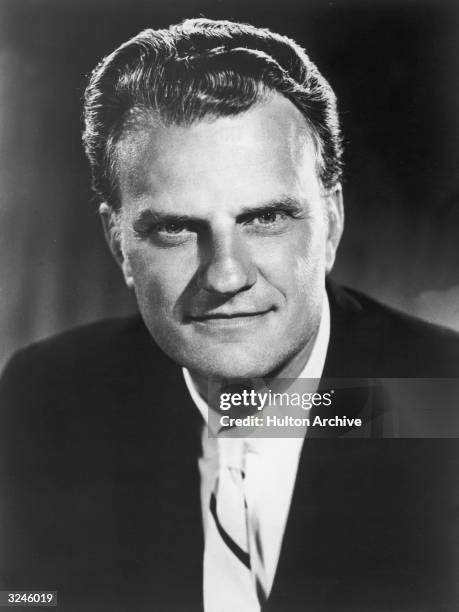 Studio headshot portrait of American Protestant evangelist the Reverend Billy Graham.