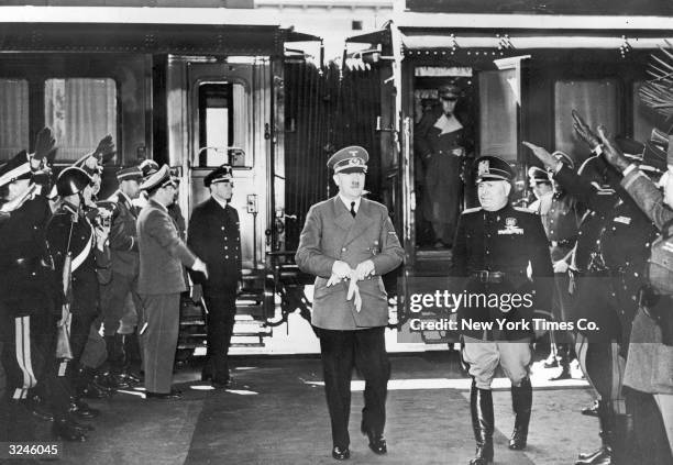 German dictator Adolf Hitler and Italian dictator Benito Mussolini meet in a railway station at the Brenner Pass, in the Tyrolean Alps on the...