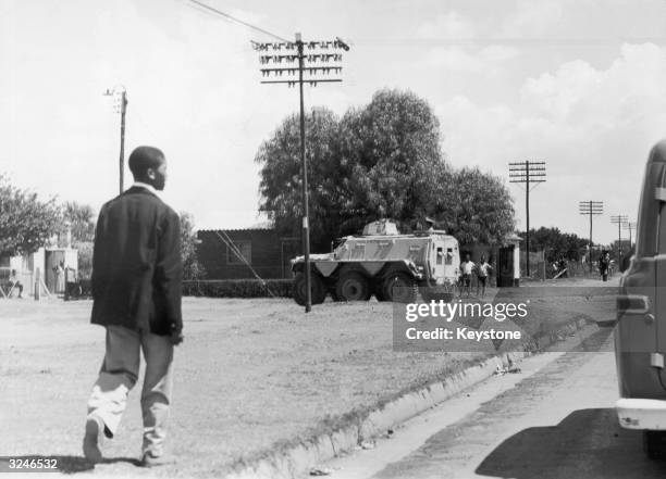 Armoured vehicles in the streets of Sharpeville, during rioting in response to laws requiring black citizens to carry passes.