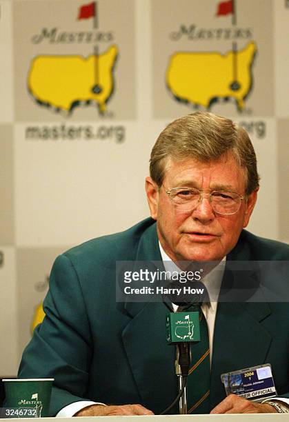William "Hootie" Johnson, Chairman of the Augusta National Golf Club greets the media during the third practice day for the Masters at the Augusta...