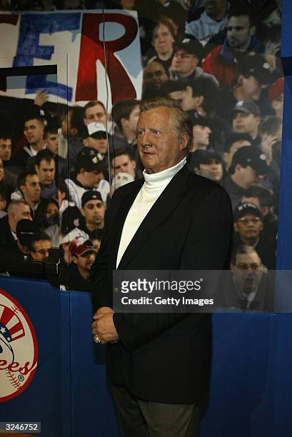Wax figure of Yankee owner George Steinbrenner is seen at the launch of a new interactive experience featuring a figure of baseball player Derek...