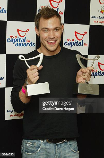 Singer Will Young with his awards for UK male singer and Best Album in the awards room at the "Capital FM Awards 2004" at the Royal Lancaster Hotel...