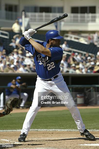 Juan Gonzalez of the Kansas City Royals bats during the game against the Colorado Rockies on March 7, 2004 at Surprise Stadium in Surprise, Arizona....