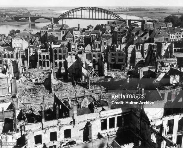 Ruined buildings in Nijmegen after Allied and German bombardment and shelling devasted the Dutch town.