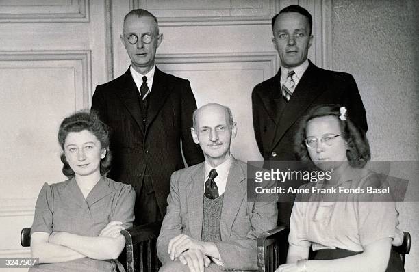 Portrait of Anne Frank's father, Otto Frank, surrounded by his office workers, c. 1935. Top row : Johannes Kleiman, Victor Kugler. Bottom row : Miep...