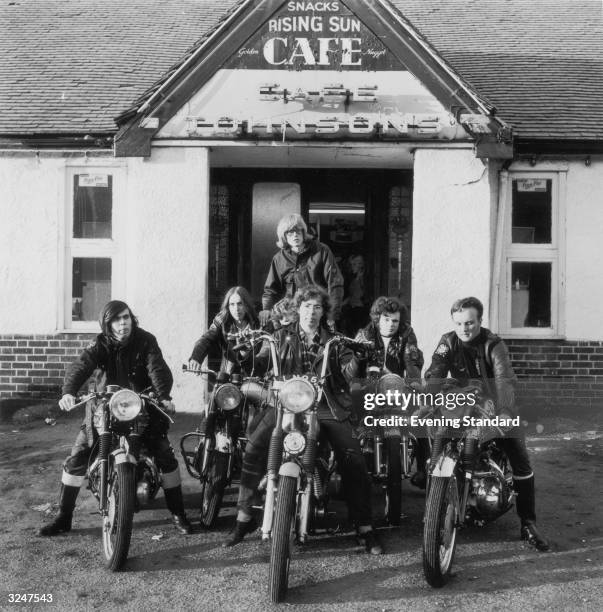 Gang of Hell's Angels outside the Rising Sun Cafe Johnsons. They are Mike Thompson, Steve Reed, Larry Temple, John Neary, Ray Jones and Dennis Donyer.