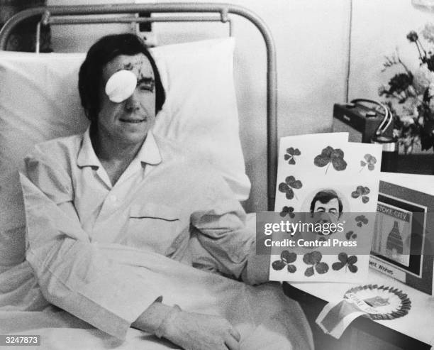 Stoke City and England goalkeeper Gordon Banks recuperates at the North Staffordshire Infirmary, Stoke-on-Trent, following a car crash which cost him...