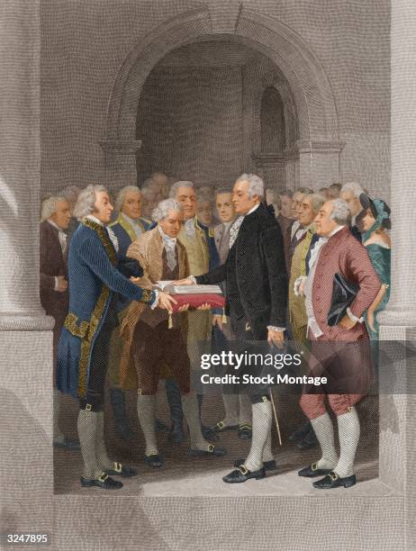 The inauguration of George Washington as the first President of the United States, at the Federal Hall in New York City. Robert Livingston ,...
