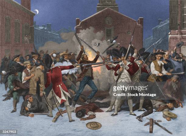 The Boston Massacre in which a mob of angry colonists surrounded a group of British soldiers in front of the State House, Massachusetts. The soldiers...