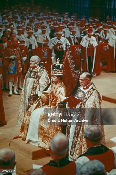 Queen Elizabeth II at her coronation ceremony in Westminster Abbey, London.