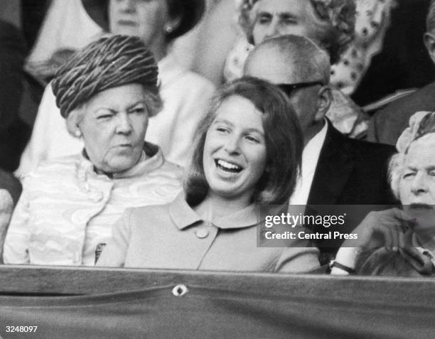 Princess Anne in the royal box at Wimbledon watching the men's singles final between John Newcombe and Wilhelm Bungert.