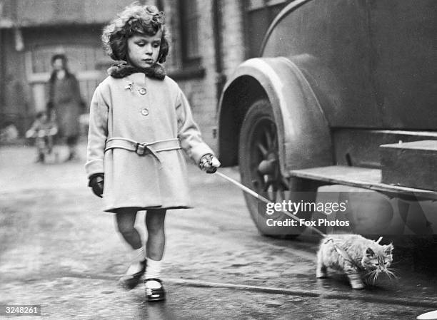 Young exhibitor arrives with her kitten on a lead at the National Cat Club show at Crystal Palace, London.