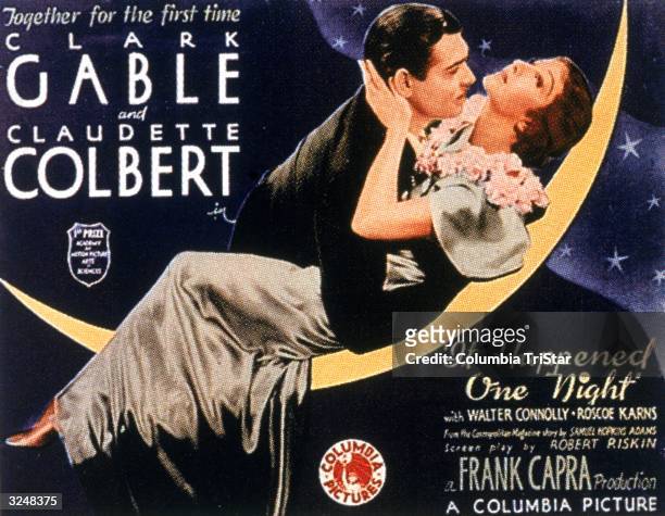 Movie poster for director Frank Capra's film, 'It Happened One Night,' featuring American actors Clark Gable and Claudette Colbert embracing on a...