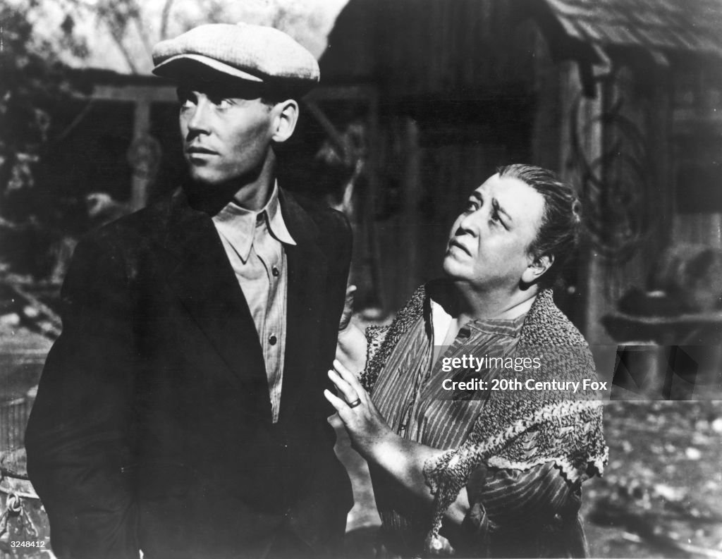 Ma Jode American actors Henry Fonda and Jane Darwell as Ma Joad talk outdoors ...