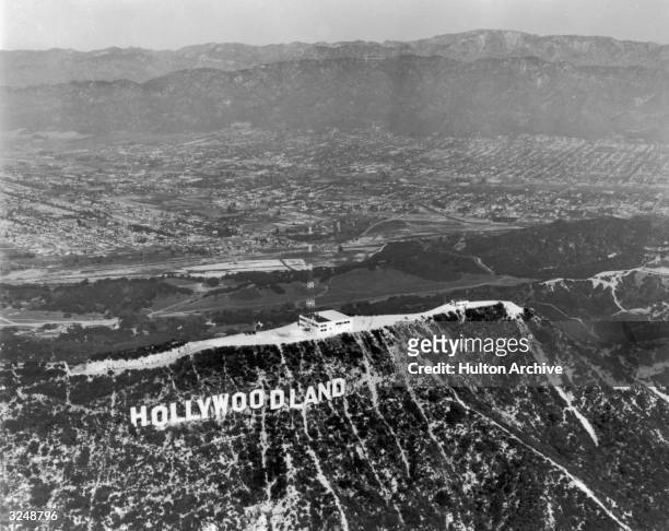 Hollywoodland sign, Hollywood, California. The 'land' part of the sign was removed in 1949.