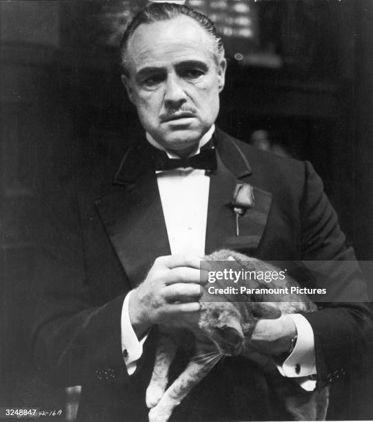 American actor Marlon Brando, as Don Vito Corleone, strokes a cat in a promotional still from the film, 'The Godfather', directed by Francis Ford...