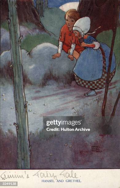 Postcard showing Hansel and Gretel, lost in the woods, from the fairy tale by the brothers Grimm. Raphael Tuck & Sons - Grimm's Fairy Tales - Series...