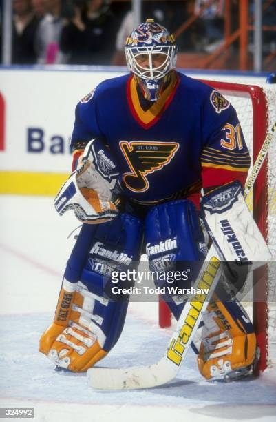 Goaltender Grant Fuhr of the St. Louis Blues during the Blues 2-1 win over the Los Angeles Kings at the Great Western Forum in Inglewood, California.
