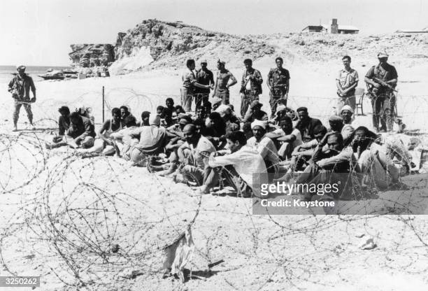 Arab prisoners at the Egyptian fortress controlling the strait at Tiran, after its capture by Israeli forces, following the Six Day War in the Middle...
