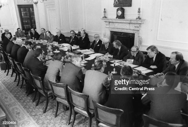 British prime minister James Callaghan and his cabinet in session at No 10 Downing Street.