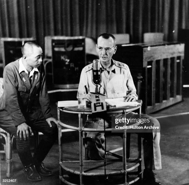 General Jonathan Wainwright broadcasts an appeal to the scattered remnants of his forces throughout the Philippines to avoid further sacrifice of...