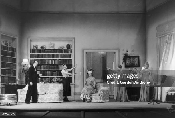 Noel Coward's play 'Blithe Spirit' with Margaret Rutherford , Cecil Parker , Ruth Reeves, Fay Compton and Kay Hammond all sharing a scene at the...