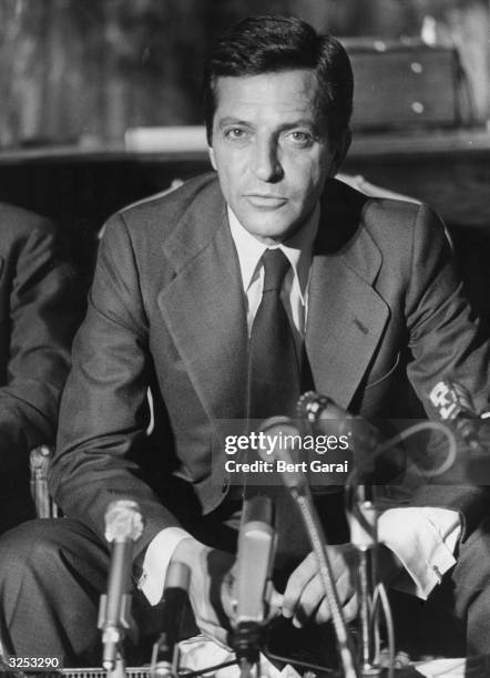 Adolfo Suarez, Prime Minister of Spain, talks to the press at the Spanish Embassy in Paris. He met President Giscard d'Estaing as part of his tour of...