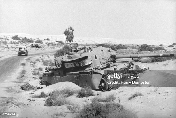 Tank destroyed in the Sinai desert during the Yom Kippur War.