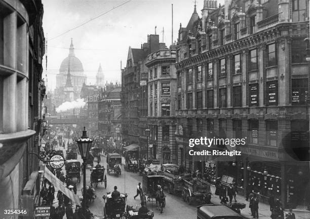 Fleet Street looking towards Ludgate Hill and St. Paul's Cathedral.