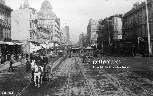 Tram lines on Market Street in San Francisco, looking east from Mason Street.