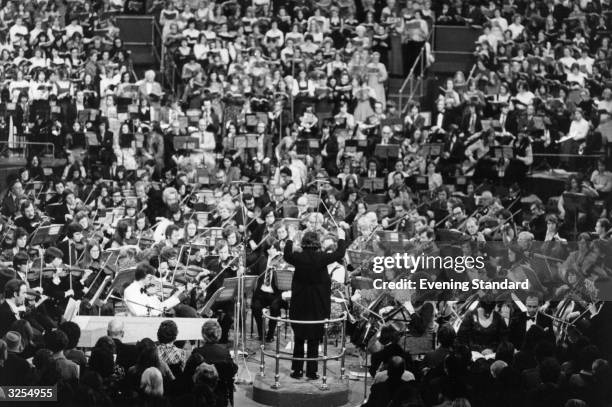 Shot of the orchestra at the Promenade Concert in the Albert Hall, London.