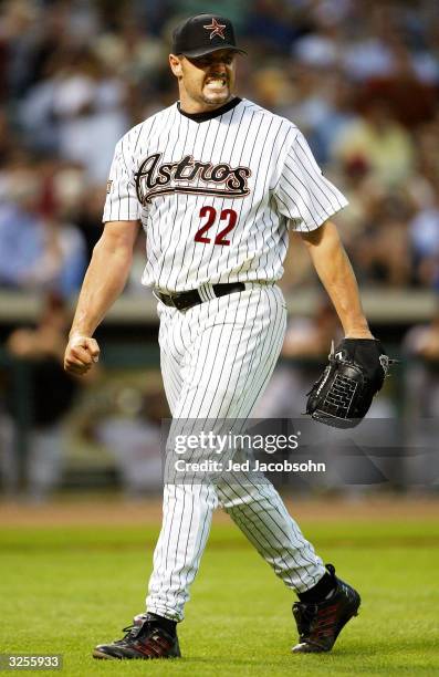 Roger Clemens of the Houston Astros reacts after striking out Michael Tucker of the San Francisco Giants in the sixth inning on April 7, 2004 at...