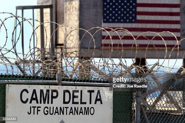 The entrance to Camp Delta where detainees from the U.S. War in Afghanistan live is shown April 7, 2004 in Guantanamo Bay, Cuba. On April 20, the...
