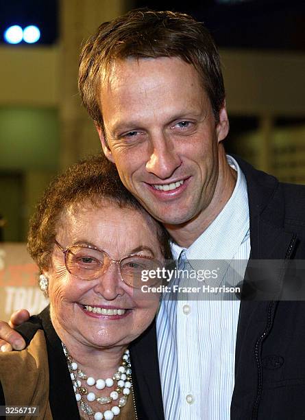 Skateboarder Tony Hawk and mother Nancy Hawk arrive at the DVD premiere for "Tony Hawk's Secret Skatepark tour" held at the Arclight cinemas on April...