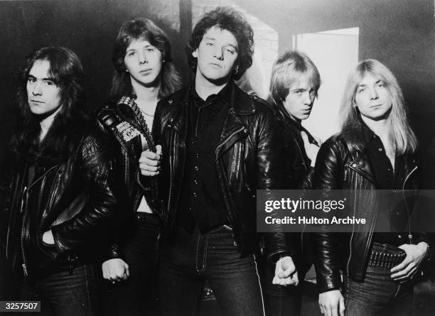 Promotional portrait of British heavy metal group, Iron Maiden, 1981: Steve Harris, Clive Burr, Paul Di'Anno, Adrian Smith, and Dave Murray.