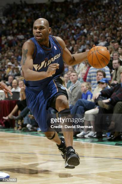 Jerry Stackhouse of the Washington Wizards drives against the Minnesota Timberwolves during the game at Target Center on April 2, 2004 in...