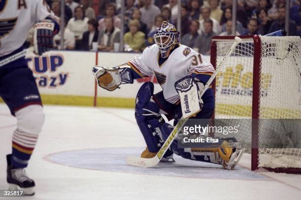 Goaltender Grant Fuhr of the St. Louis Blues in action during the Blues 3-2 NHL Playoff win over the Los Angeles Kings at Kiel Center in St. Louis,...