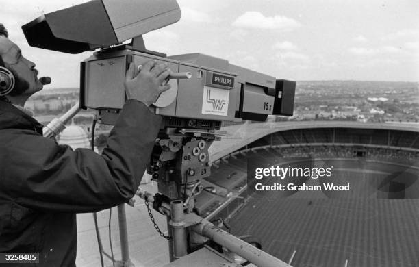 Wembley Stadium shown from the top of a 150 crane, used by the World of Sport TV camera.