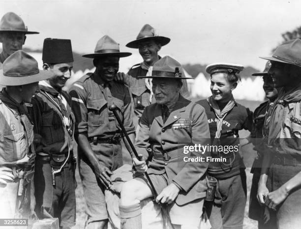 Robert Baden-Powell , the English soldier who won fame as the defender of Mafeking in the Boer War. He founded the Boy Scouts in 1908 and is seen...