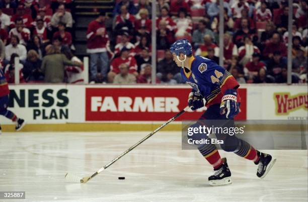 Defenseman Chris Pronger of the St. Louis Blues in action during a game against the Detroit Red Wings at the Joe Louis Arena in Detroit, Michigan....