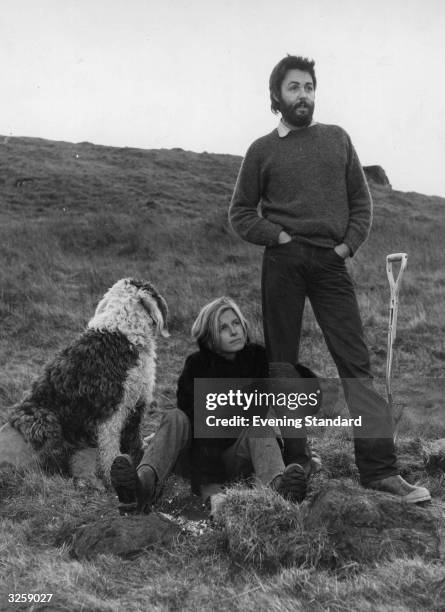 Paul and Linda McCartney on their farm near the fishing town of Campbeltown, with their dog Martha, Scotland, UK, February 1971.