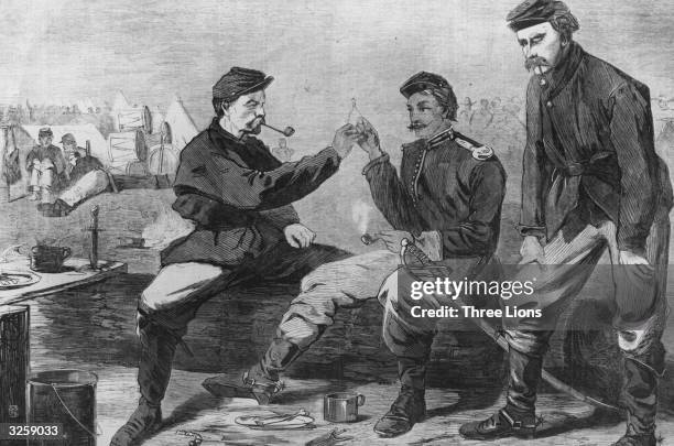 Two soldiers break a wishbone after a Thanksgiving dinner during the Civil War, both of them hoping for peace.