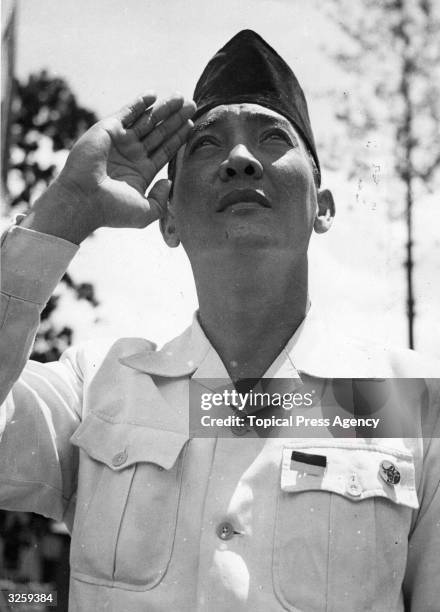 Indonesian president, Achmed Sukarno or Soekarno during manoeuvres for control between Indonesian, Japanese, Dutch and British armies.
